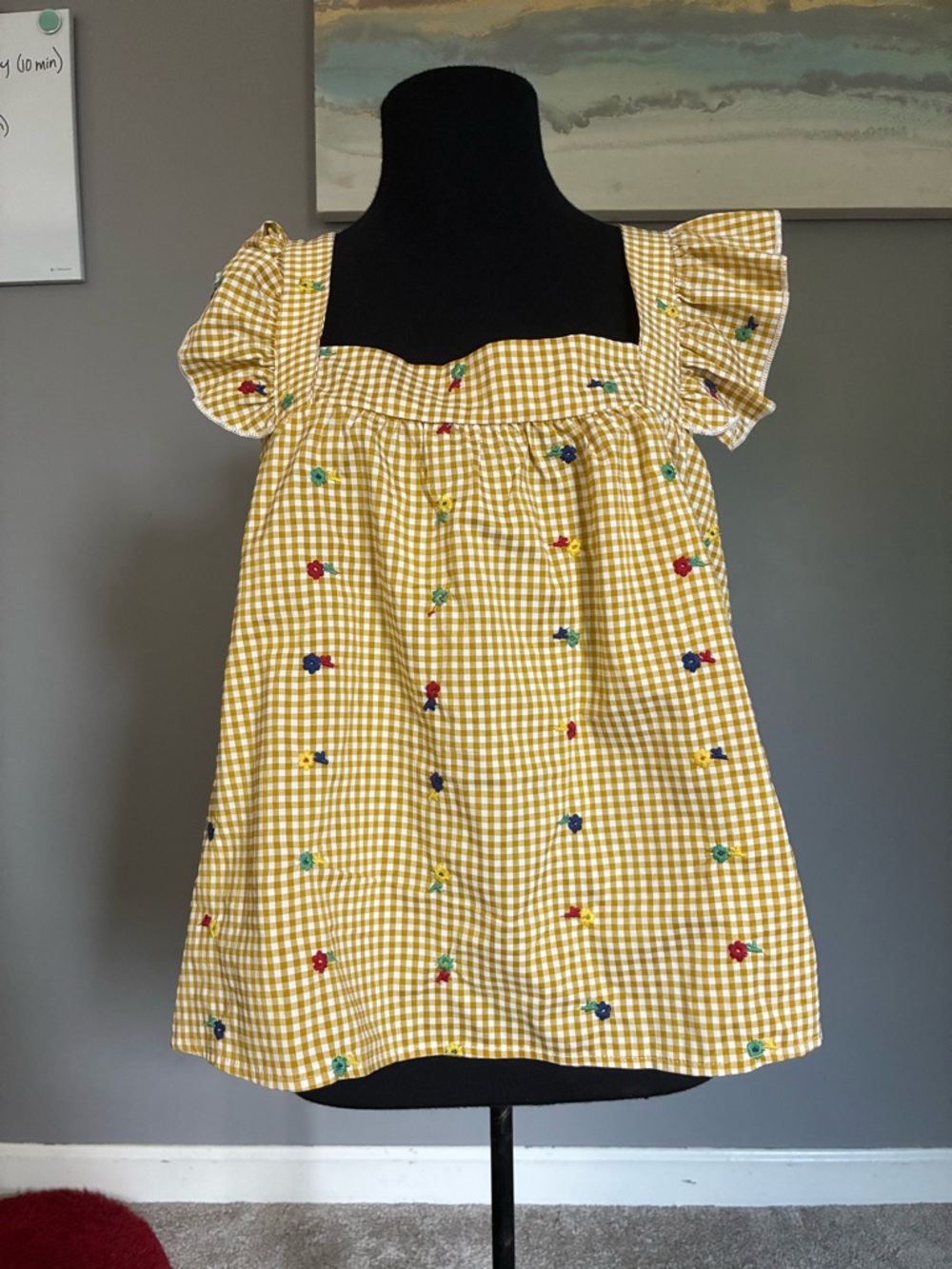 Adorable Cider Yellow Gingham Floral Embroidered Girls' Top